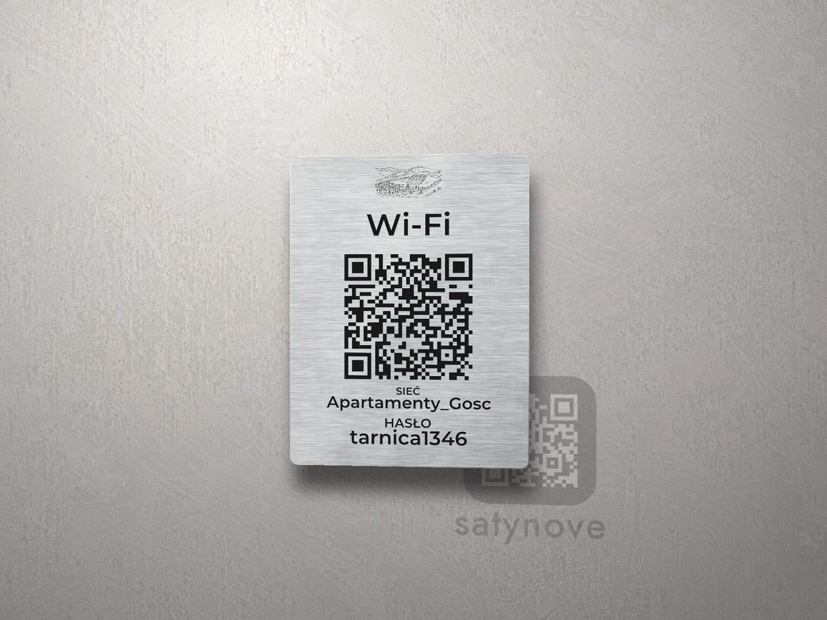 Srebrna tabliczka Wi-Fi z kodem QR i grafiką Bieszczadów