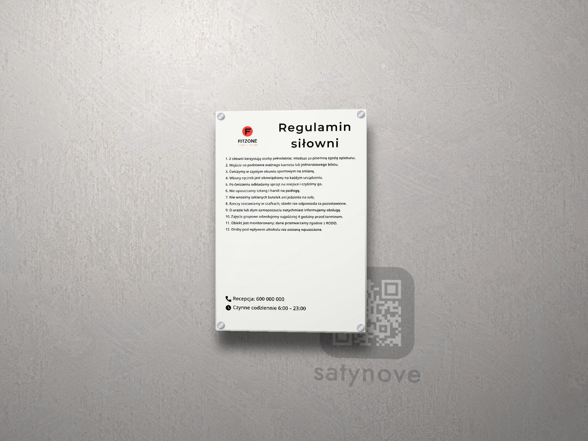 Regulamin obiektu z logo – tablica z plexi na dystansach