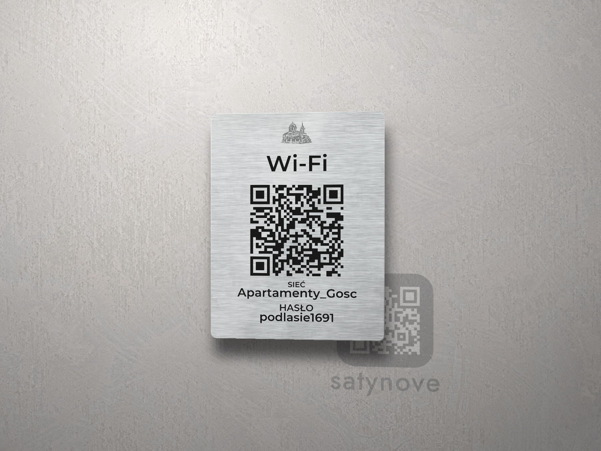 Srebrna tabliczka Wi-Fi z kodem QR i grafiką Białegostoku