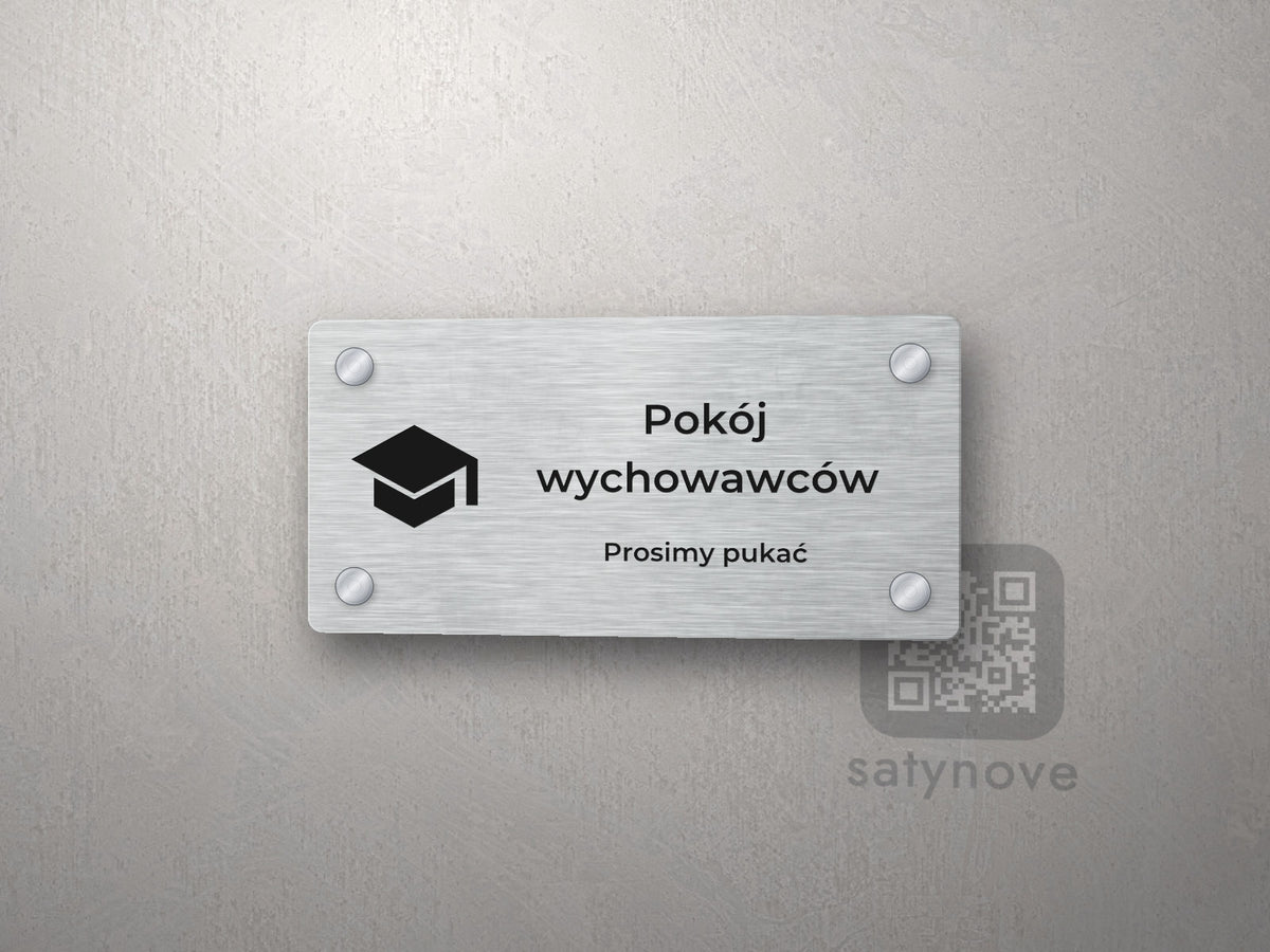 Tabliczka na drzwi z piktogramem biretu i napisem Pokój wychowawców