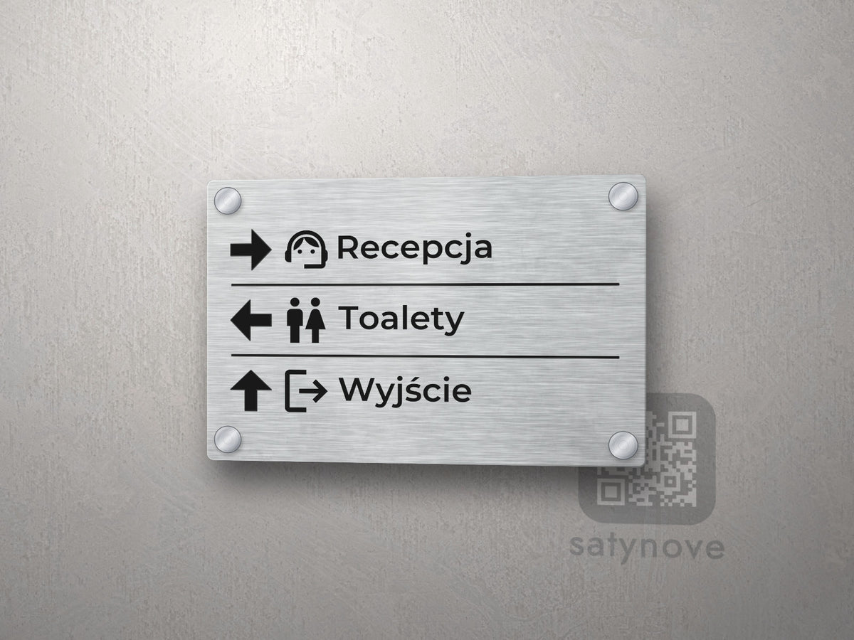 Tabliczka kierunkowa Recepcja, Toalety, Wyjście ze strzałkami i piktogramami