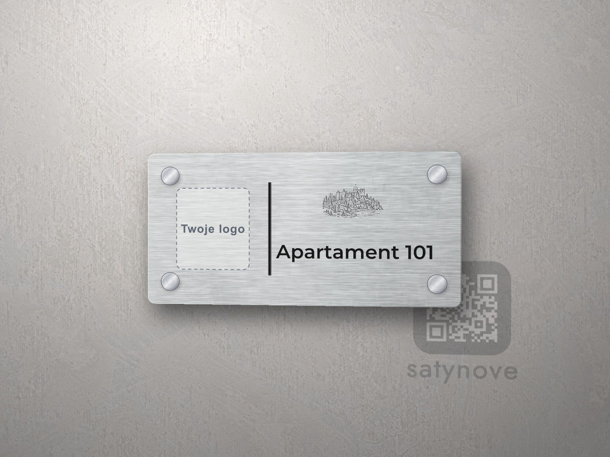 Srebrna tabliczka apartamentu z miejscem na logo i grafiką Pienin