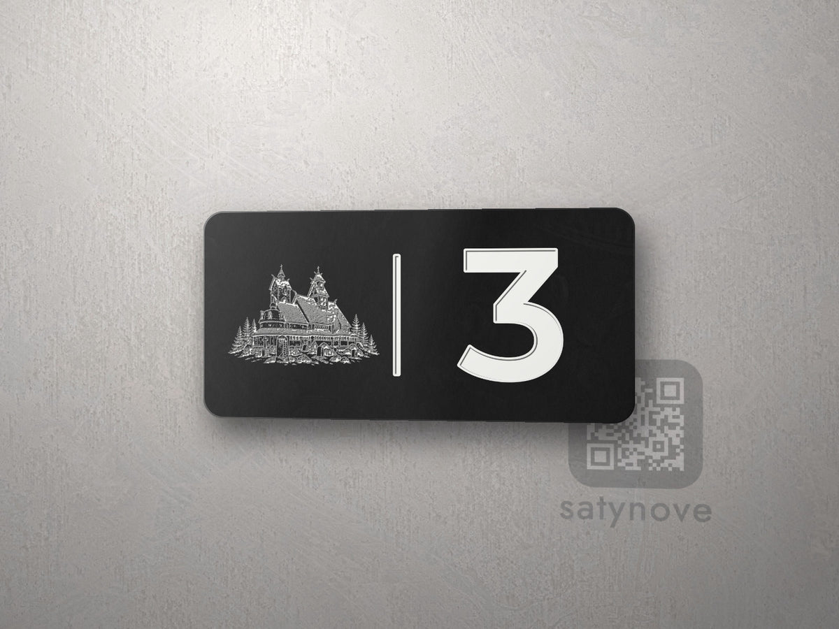 Czarna tabliczka 10 × 5 cm z numerem 3 i białą grafiką Karkonoszy