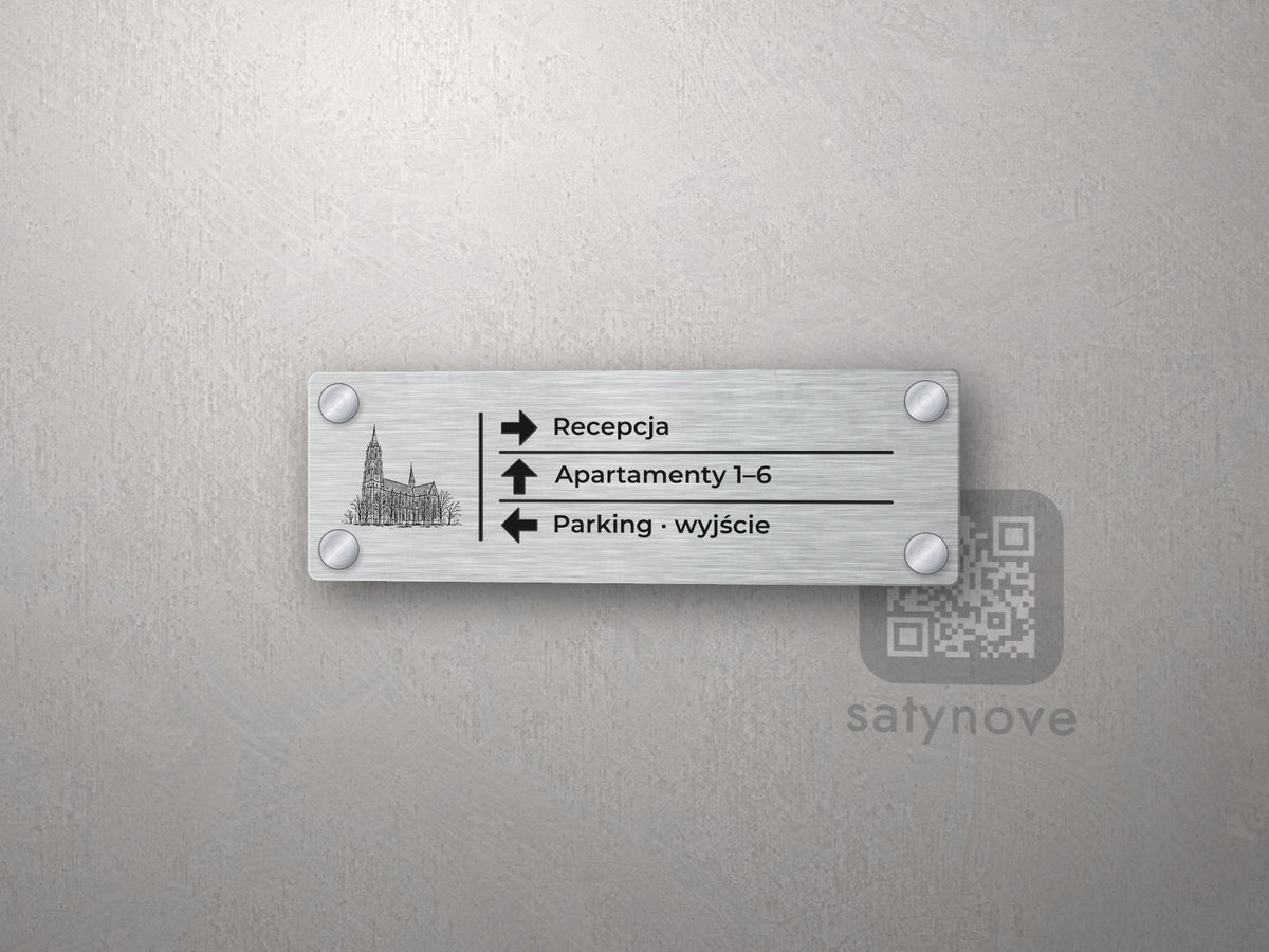 Srebrna tabliczka kierunkowa z grafiką Łodzi: Recepcja, Apartamenty 1–6, Parking