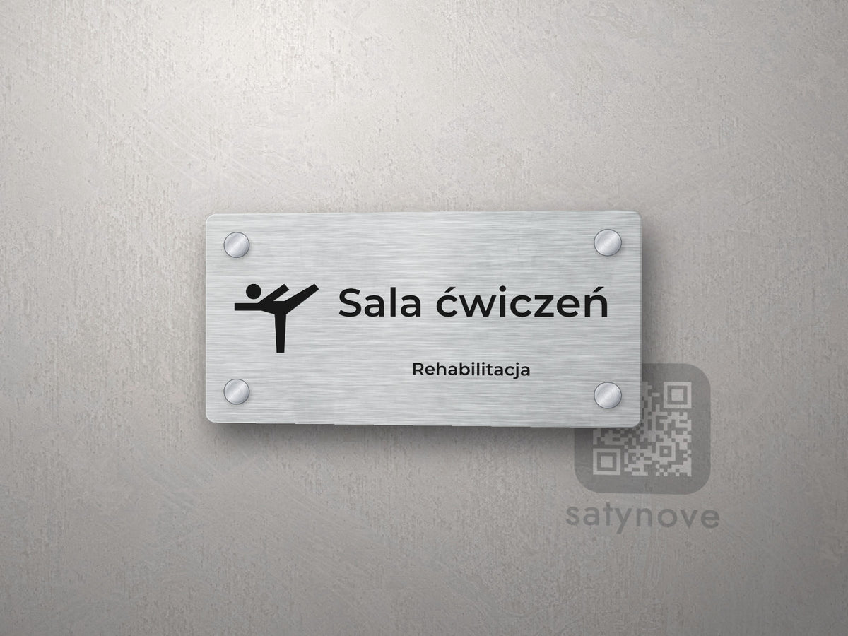 Tabliczka na drzwi z piktogramem gimnastyki i napisem Sala ćwiczeń, Rehabilitacja