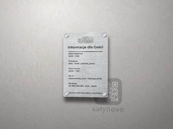 Srebrna tablica informacyjna dla gości z grafiką Beskidów