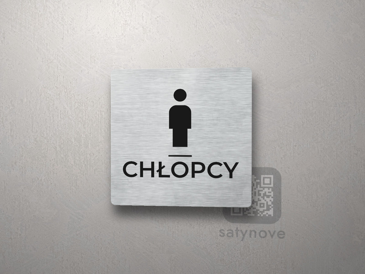Kwadratowa tabliczka z piktogramem i napisem CHŁOPCY