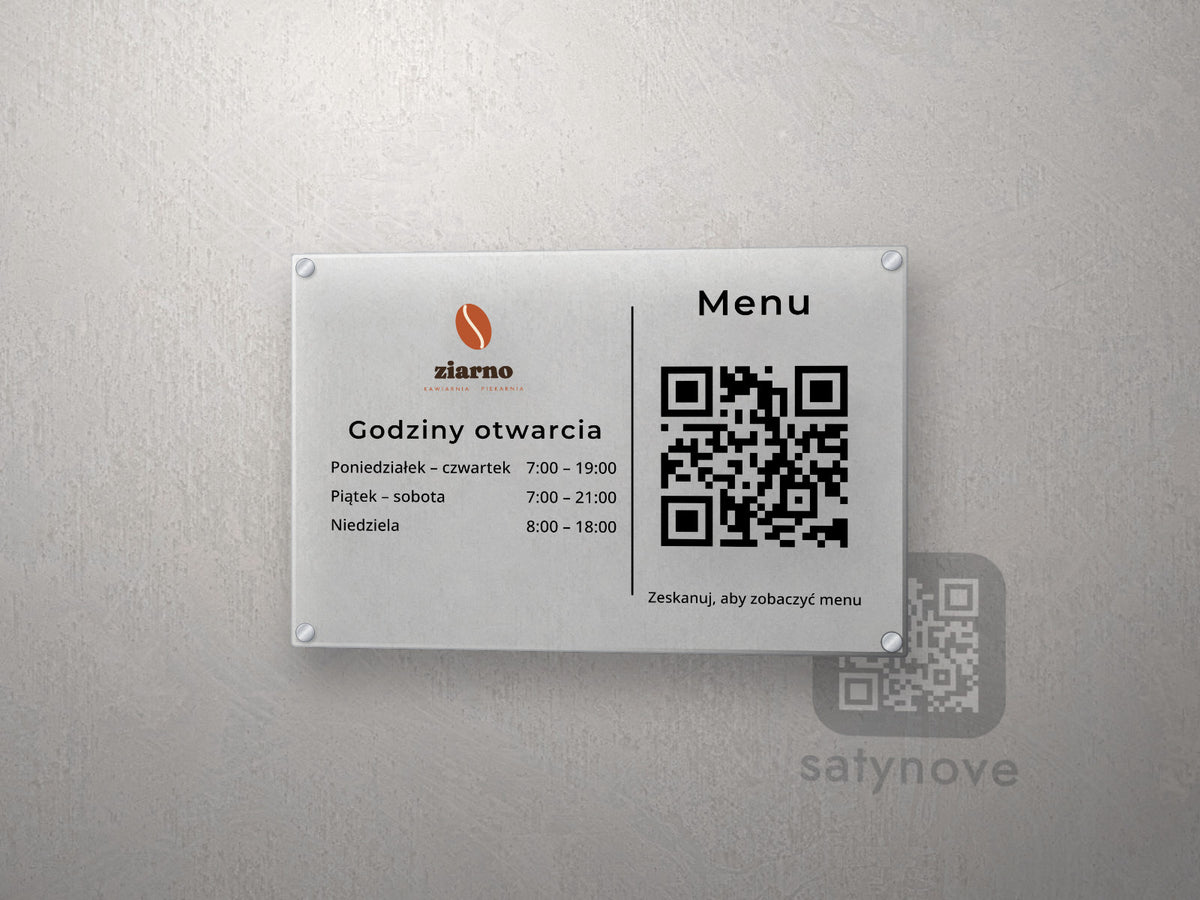 Godziny otwarcia z logo i kodem QR do menu – pozioma tablica z plexi