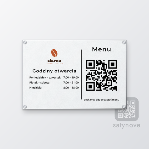 Godziny otwarcia z logo i kodem QR do menu – pozioma tablica z plexi