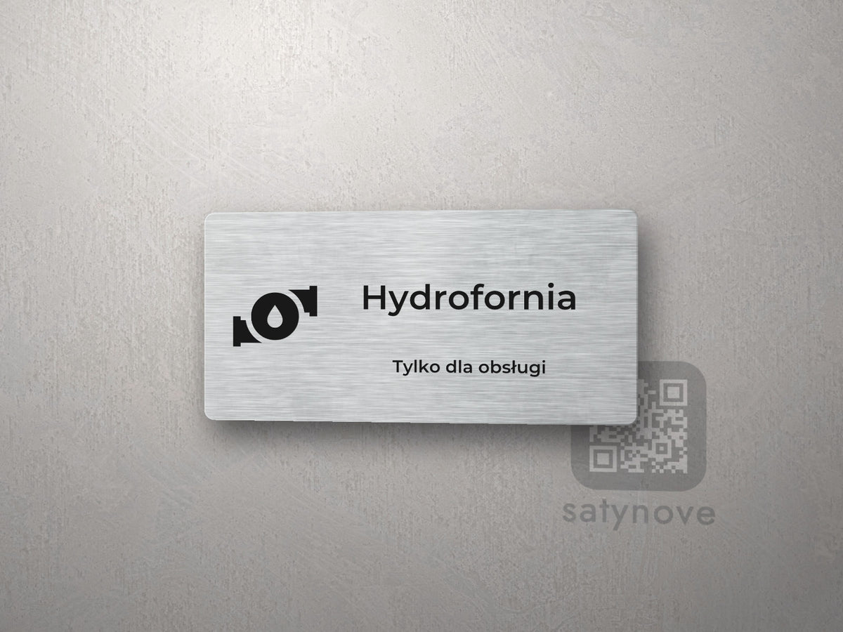 Srebrna tabliczka z piktogramem i napisem Hydrofornia