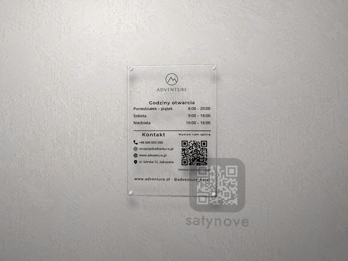 Tablica firmowa z logo, godzinami otwarcia i kontaktem – plexi na dystansach
