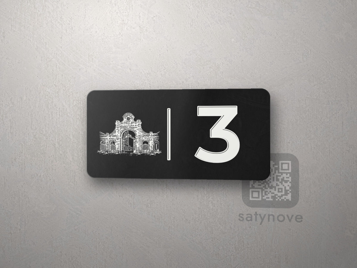 Czarna tabliczka 10 × 5 cm z numerem 3 i białą grafiką Łodzi
