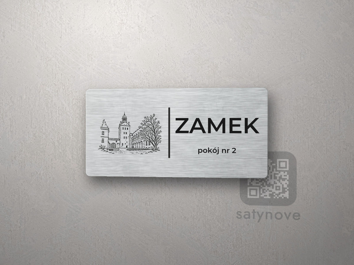 Srebrna tabliczka z rysunkiem i napisem ZAMEK, pokój nr 2