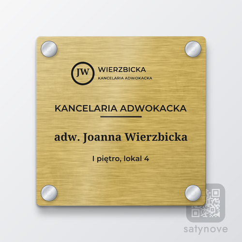 Kwadratowa złota tabliczka z logo kancelarii, nazwą kancelarii i nazwiskiem