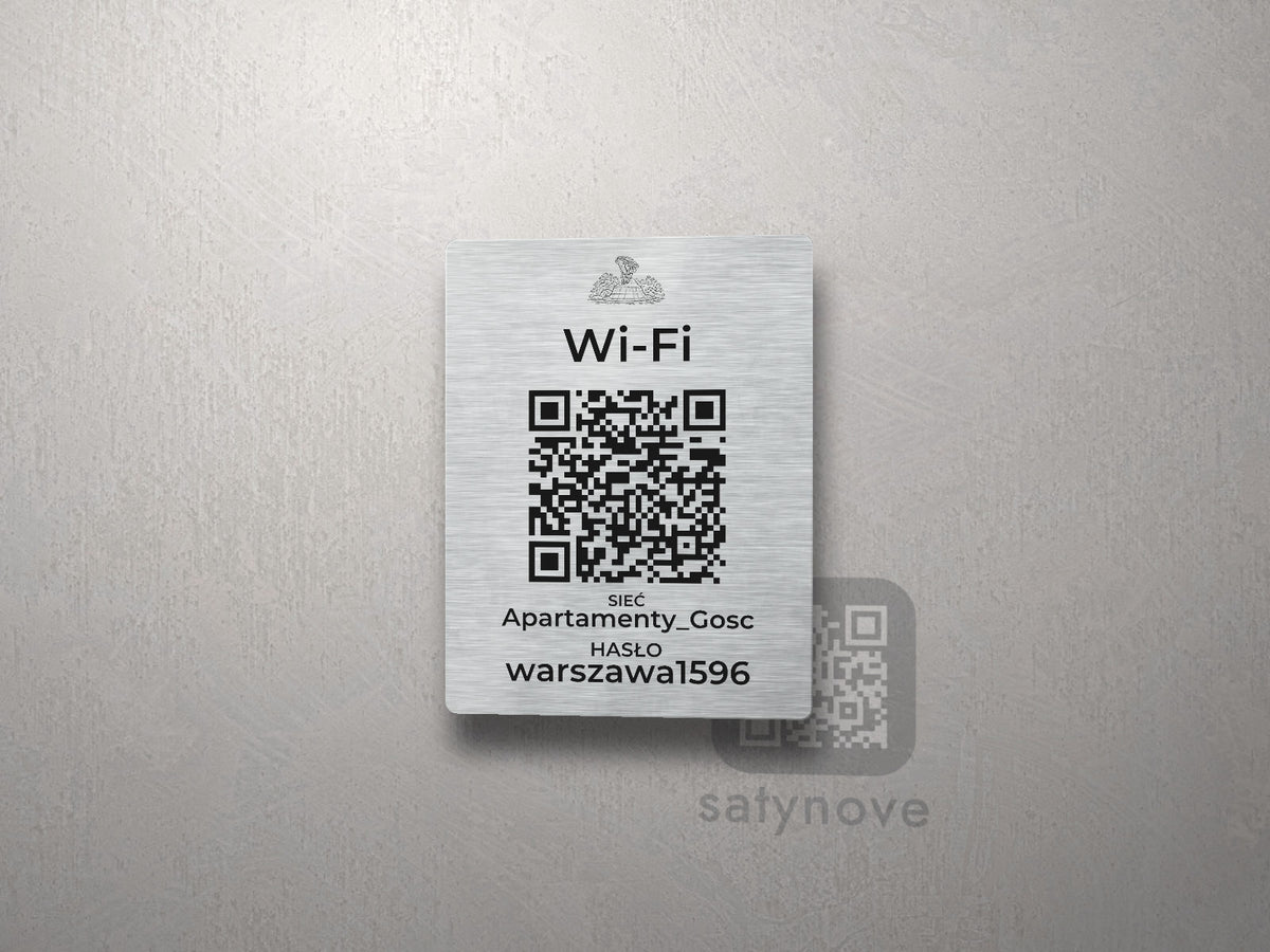 Srebrna tabliczka Wi-Fi z kodem QR i grafiką Warszawy