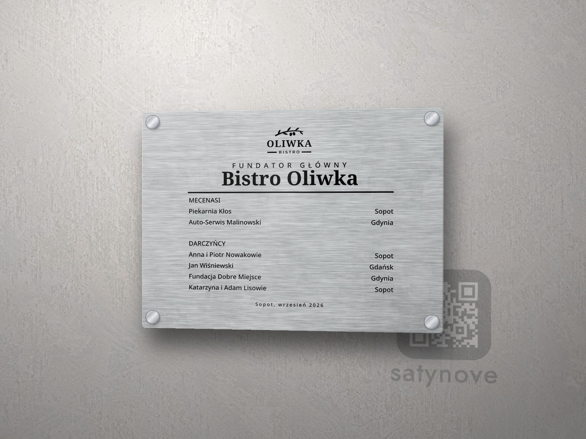 Tablica z logo fundatora głównego, linią i listą darczyńców w sekcjach Mecenasi i Darczyńcy