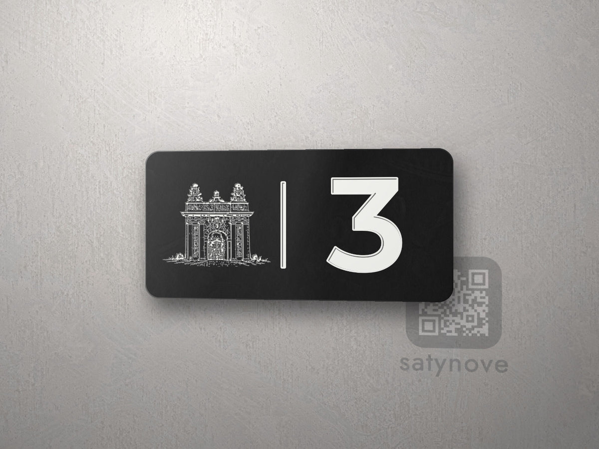 Czarna tabliczka 10 × 5 cm z numerem 3 i białą grafiką Szczecina