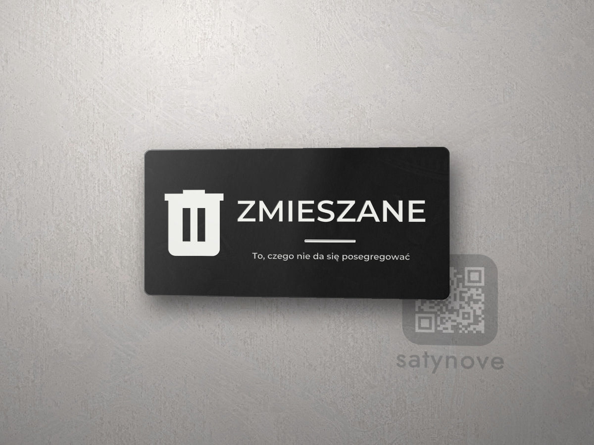Czarna tabliczka ZMIESZANE z piktogramem kosza