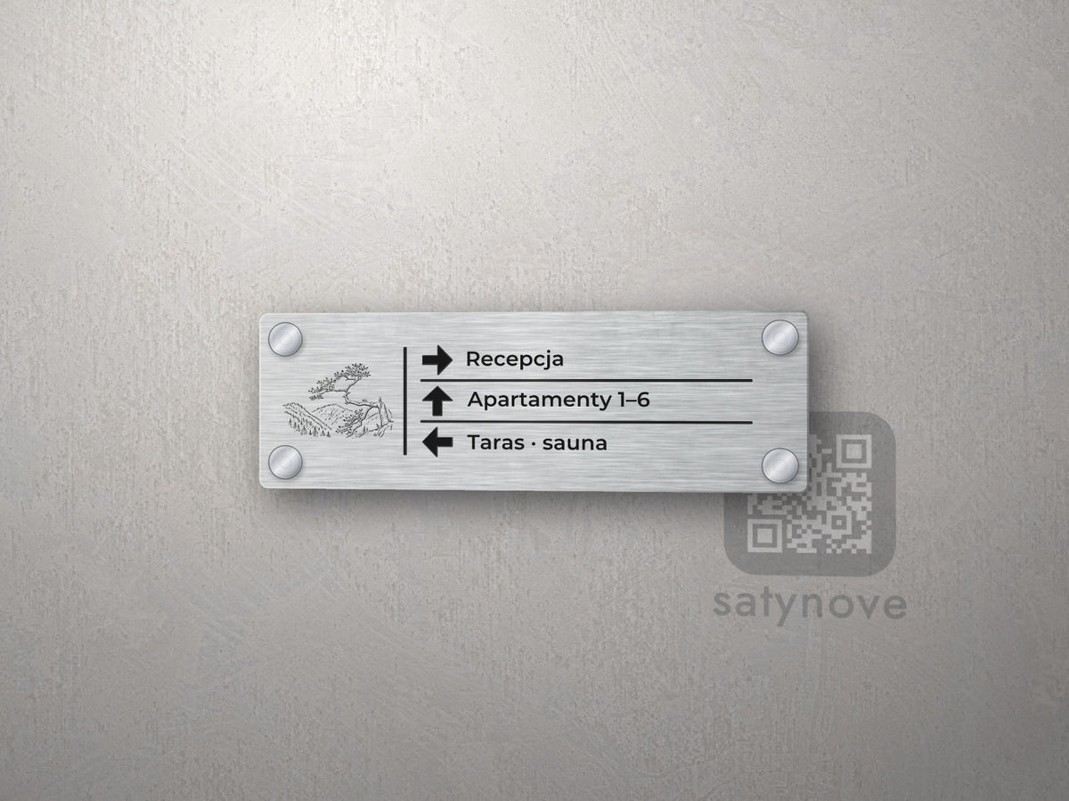 Srebrna tabliczka kierunkowa z grafiką Pienin: Recepcja, Apartamenty 1–6, Taras