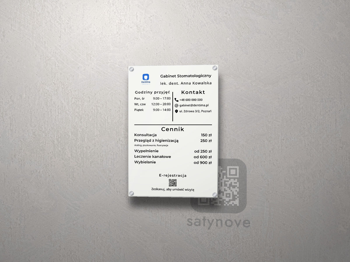 Tablica gabinetu: godziny przyjęć, kontakt, cennik, e-rejestracja – plexi