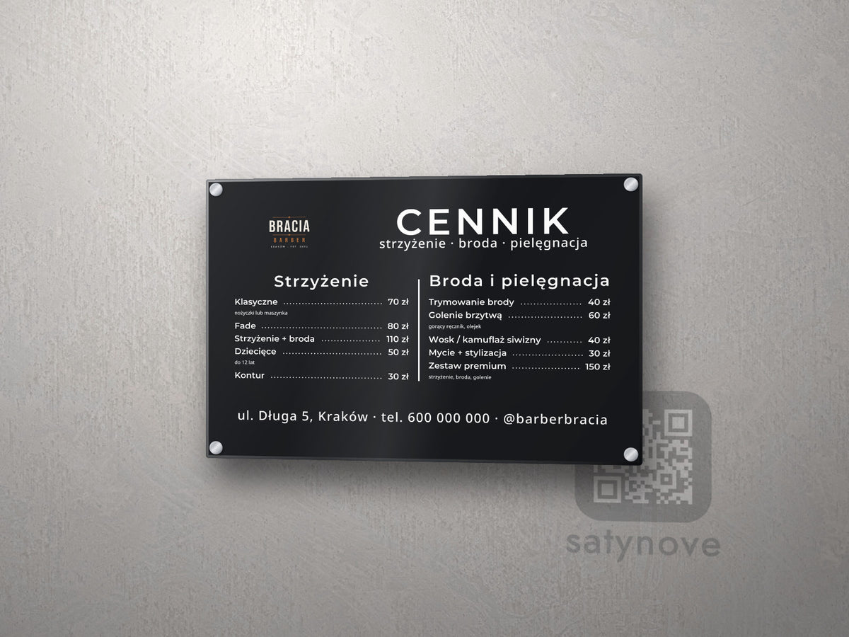 Cennik dwukolumnowy z logo – pozioma tablica z plexi na dystansach