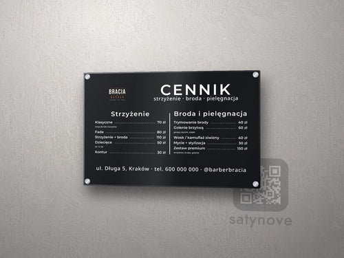 Cennik dwukolumnowy z logo – pozioma tablica z plexi na dystansach