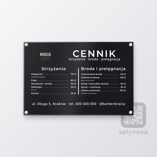 Cennik dwukolumnowy z logo – pozioma tablica z plexi na dystansach