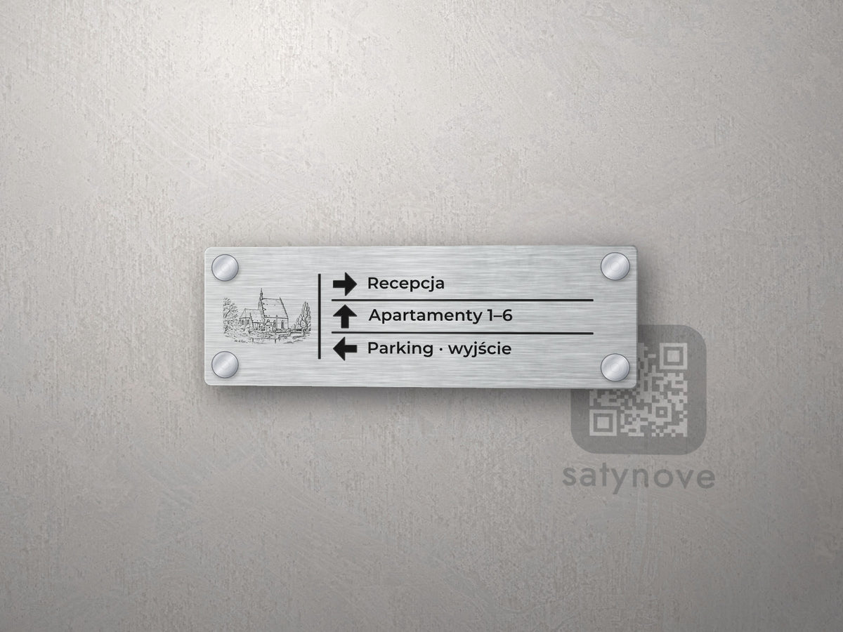 Srebrna tabliczka kierunkowa z grafiką Bydgoszczy: Recepcja, Apartamenty 1–6, Parking