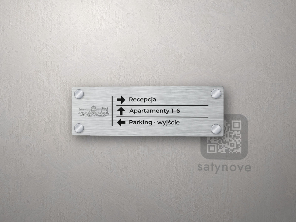 Srebrna tabliczka kierunkowa z grafiką Lublina: Recepcja, Apartamenty 1–6, Parking