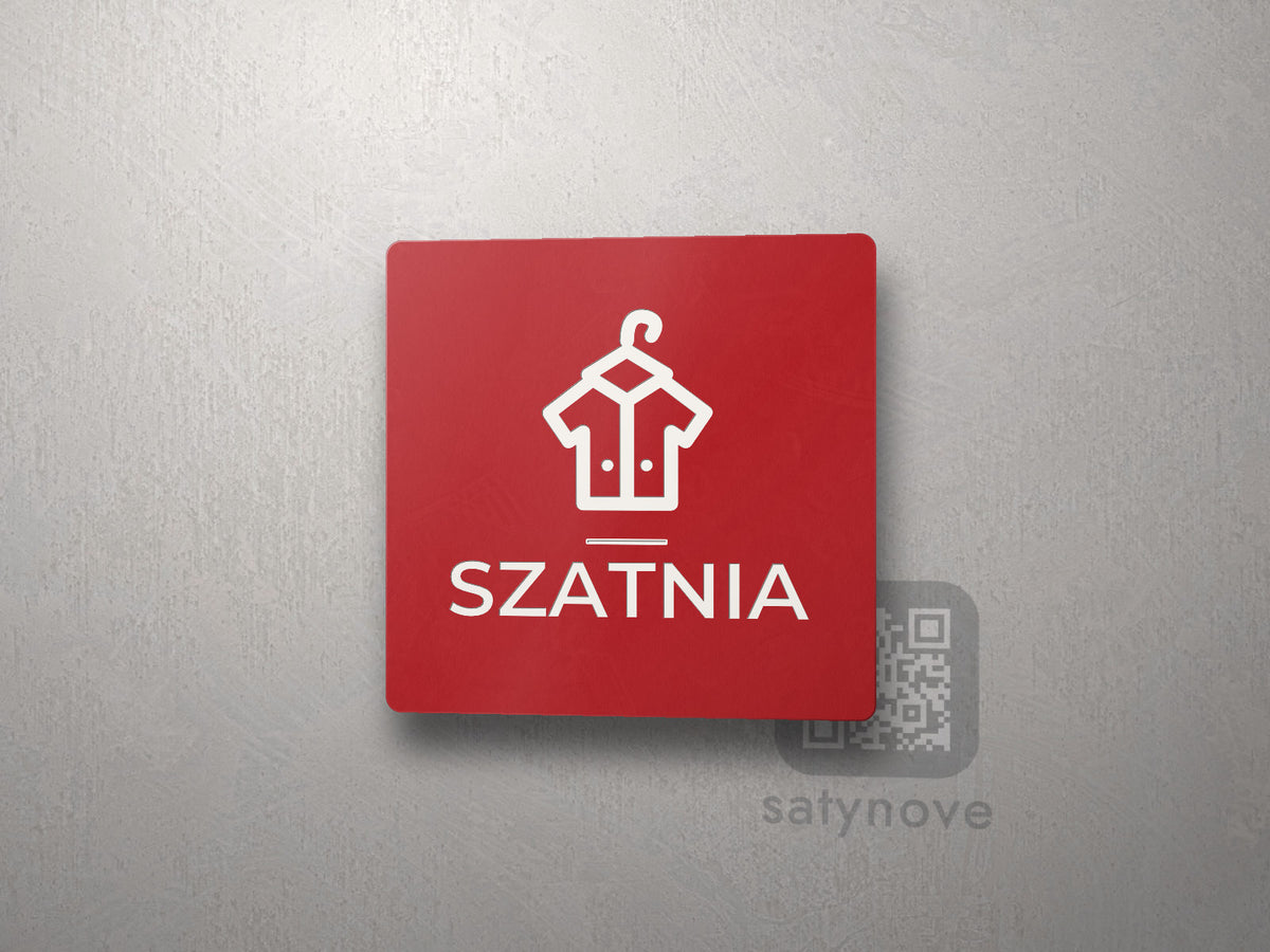 Czerwona kwadratowa tabliczka z obrazkiem i napisem SZATNIA