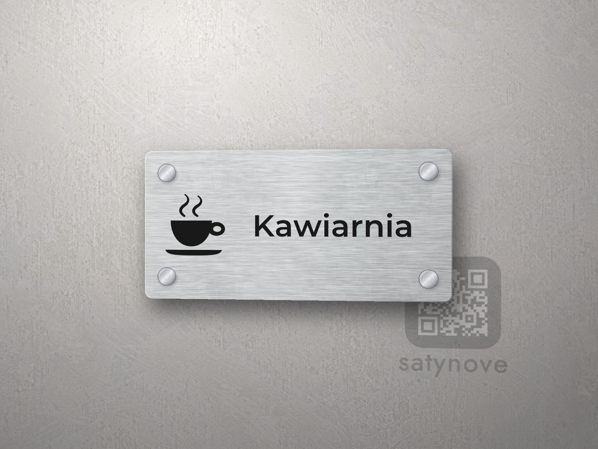 Tabliczka na drzwi z filiżanką kawy i napisem Kawiarnia