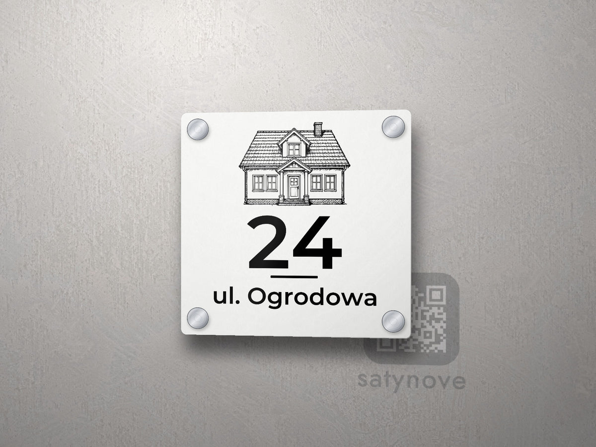 Tabliczka adresowa z ilustracją domu nad numerem i nazwą ulicy