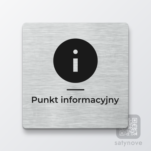 Srebrna kwadratowa tabliczka z symbolem informacji nad napisem „Punkt informacyjny”