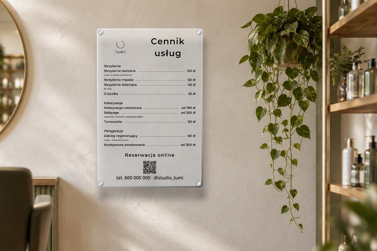Cennik salonu na plexi z kodem QR